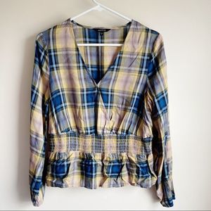 Express Plaid Surplice Long Sleeve Peplum Blouse